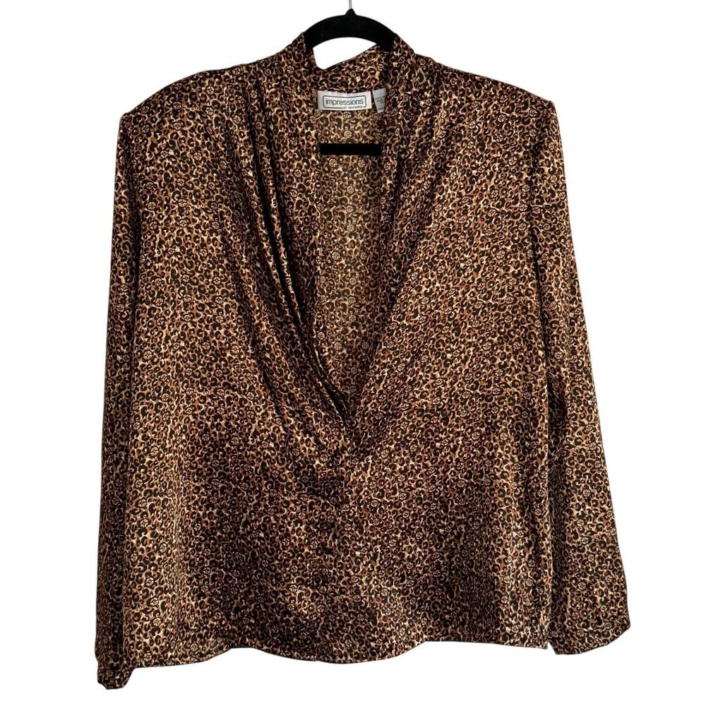 Vintage Impressions Leopard Print Draped V Neck Blouse Women's Size 14